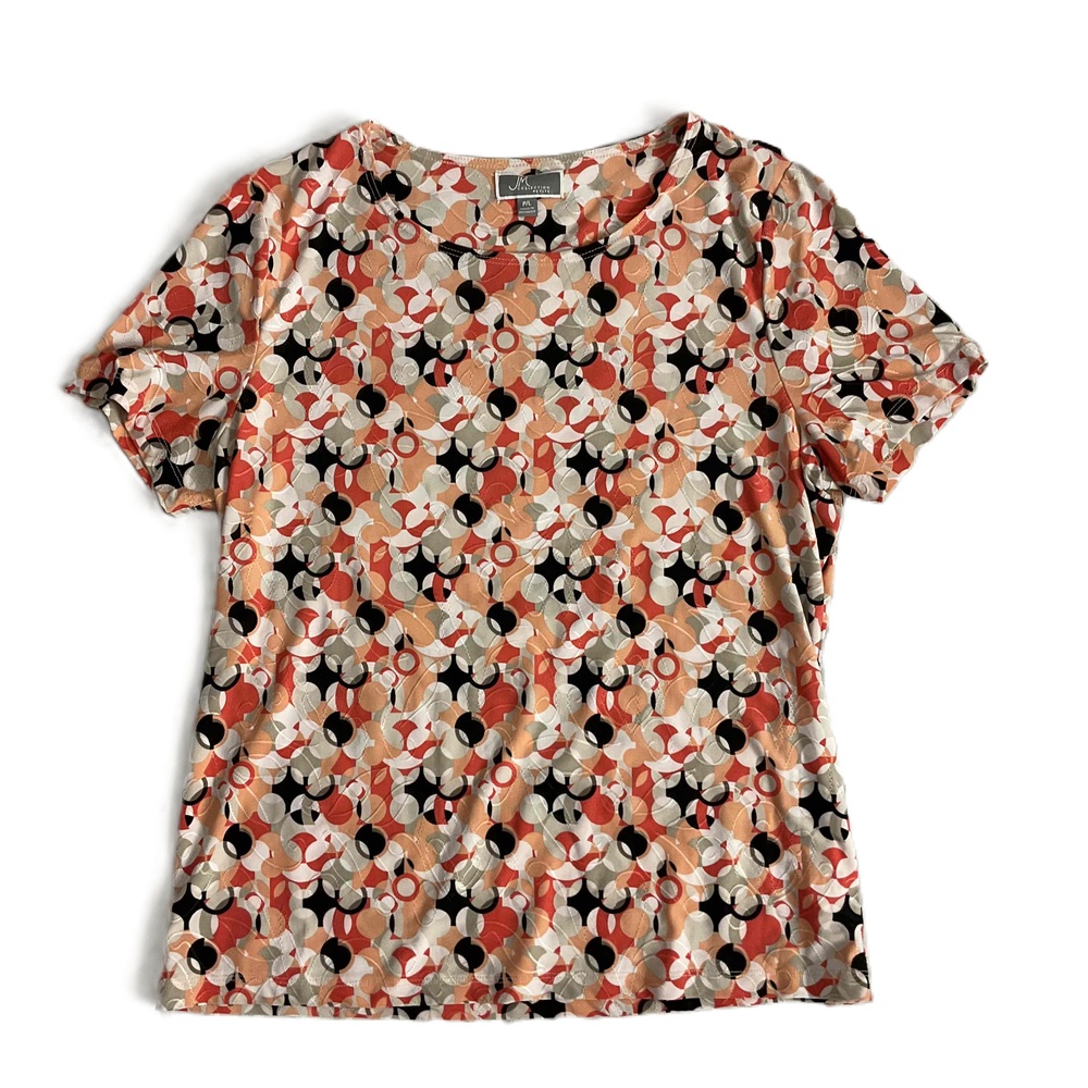 JM Collection Multicolor Embroidered Geometric‎ Short Sleeve Blouse Petite Large